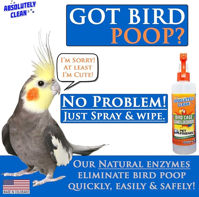 Absolutely Clean Amazing Bird Cage Cleaner and Deodorizer - Just Spray/Wipe - Safely & Easily Removes Bird Messes Quickly and Easily - Made in The US - Fragrance Free - 16oz (Pack of 2)-PawvioPets