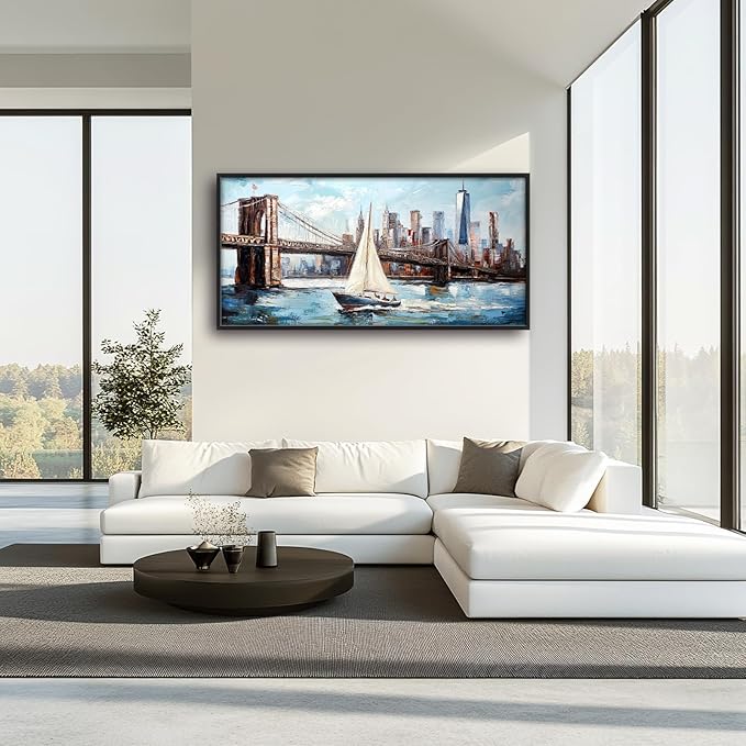 Extra Large Sailboat Framed Wall Art for Living Room,Oversized New York Brooklyn Bridge Pictures Wall Decor,Cityscape Canvas Print Painting Modern Artwork Bedroom Office Bathroom 60L" x 30W"-PawvioPets