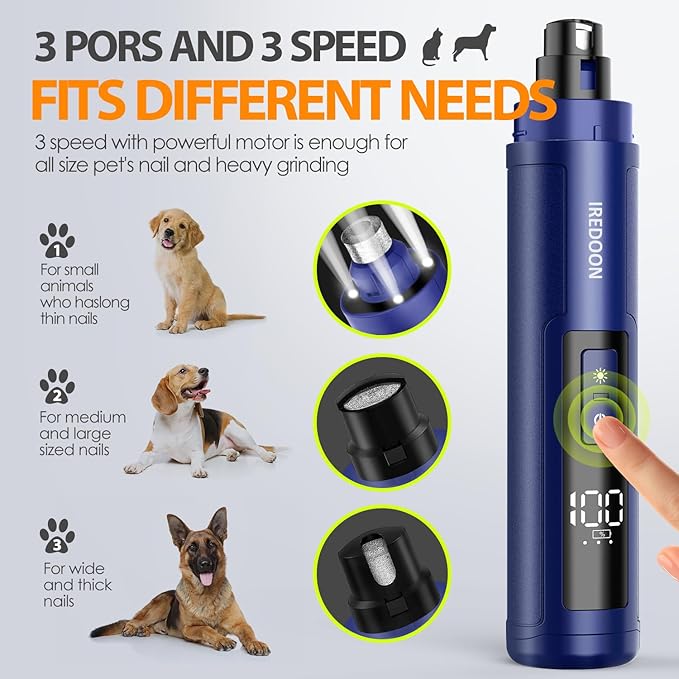Dog Nail Grinder Upgraded - Professional 3-Speed Super Quiet and Low Vibration Electric Pet Nail Grinder with 4 LED Lights - Painless Paws Grooming & Smoothing for Small to Large Dogs (Blue)-PawvioPets