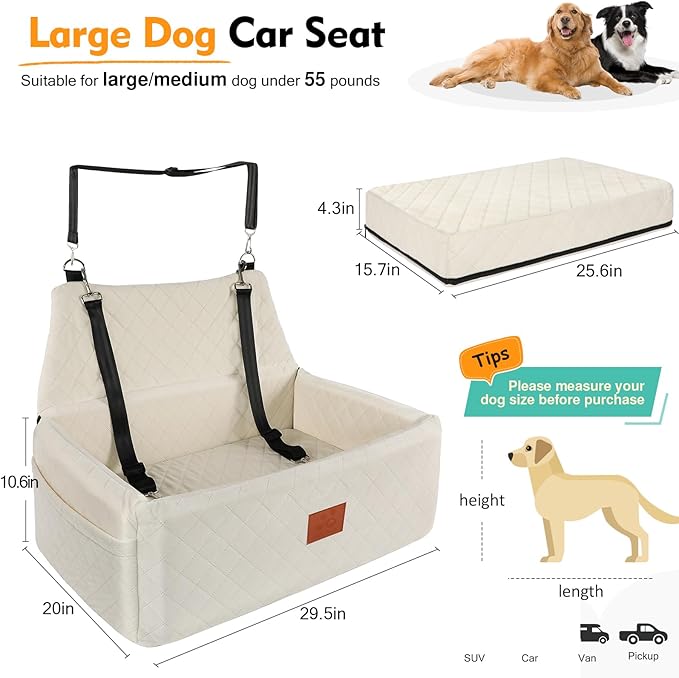 Dog Car Seat for Large Medium Dogs,Washable Pet Carseat Under 55 lbs or 2 Small Dogs,Dog Booster Seat Travel Bed with Thick Cushion,2 Safety Leashes-PawvioPets