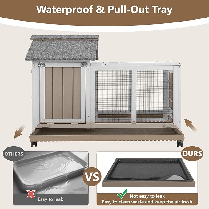 76''L Rabbit Hutch Outdoor Indoor with Wheels, Wooden 2 Story Bunny House Rabbit Cage with Run, Waterproof Roof, Pull Out Tray, Guinea Pig Cage Chicken Coop for Small to Medium Pets-PawvioPets