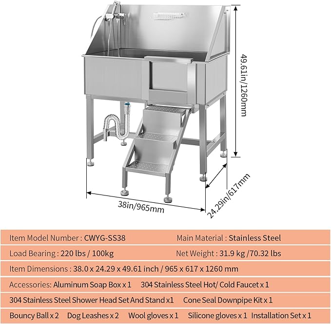 38 Inch Dog Bathing Station for Large Dogs, Stainless Steel Dog Pet Washing Station, Professional Dog Grooming Tub, Pet Wash Bath Station,Right Door-PawvioPets