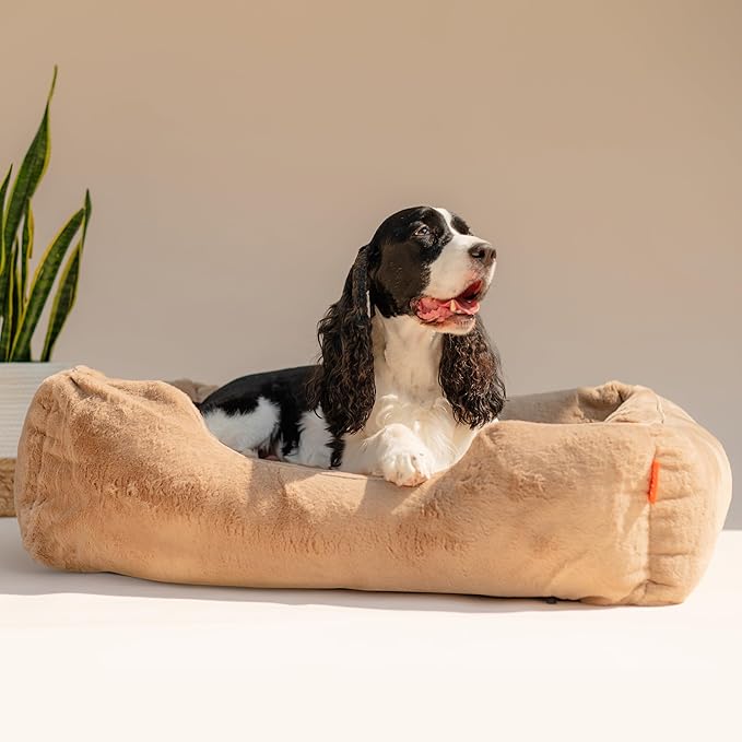 FUZI Luxury Aesthetic Dog Bed for Large Dogs with Washable Cover, Pet Couch, Pet Bed with Sides, Non-Slip Bottom, Soft and Durable Calming Dog Bed, Faux Rabbit Fur, Large 31.75x23.6x9.5 Light Brown-PawvioPets