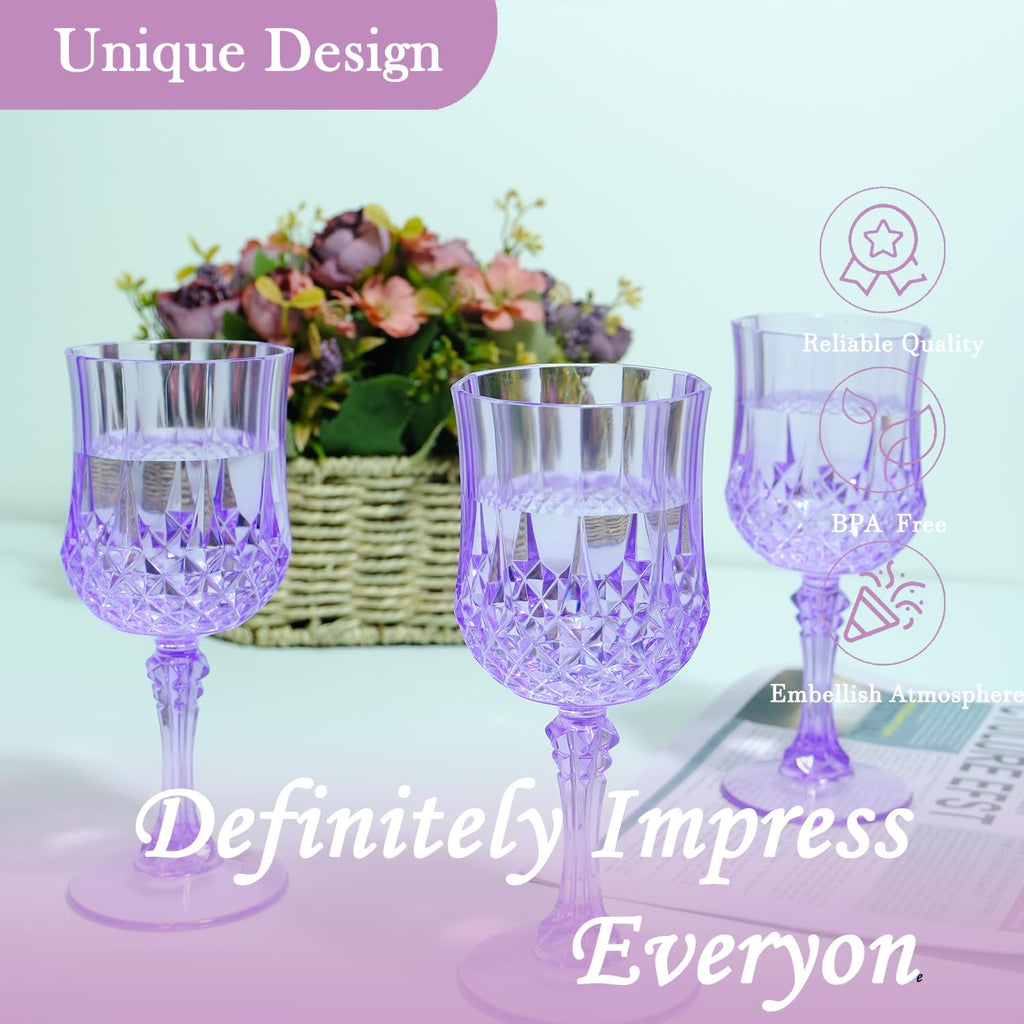 Plastic Wine Glasses，Plastic Goblets Vintage Style Cordial Drinking Glasses for Wedding Reception, Grand Event Party Supplies (12, Purple)