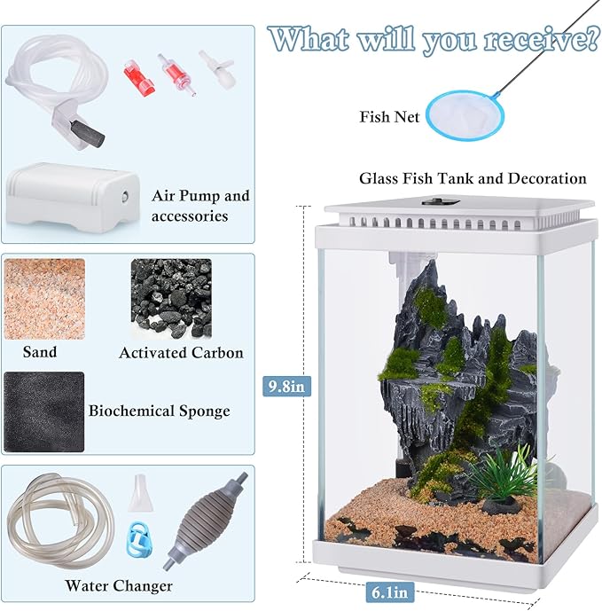 FEDOUR Small Glass Aquarium, 1 Gallon Desktop Fish Tank, Betta Fish Tank, Mini Aquarium Starter Kit with Air Pump LED Light Decoration Water Changer Fish Net (White)-PawvioPets
