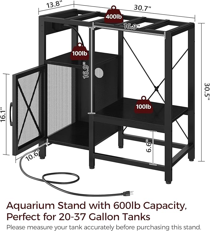 20-37 Gallon Fish Tank Stand, Aquarium Stand with Power Outlet and Storage Cabinet, Heavy Duty Tank Stand Suitable for Turtle Tank, Reptile Terrarium, for Home Office, Black FTHB40E01-PawvioPets