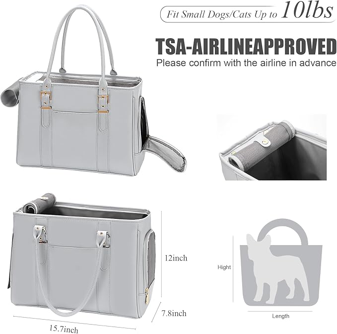 Fashion Pet Carrier Dog Purse Cat Bag Soft-Sided Carriers Travel Airline Approved, Stylish Leather Tote Handbag for Small Animal Puppy Kitten (Grey)-PawvioPets