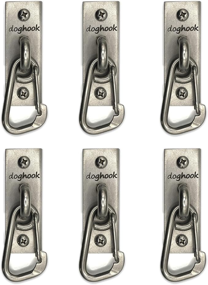 Canine Hitch- Secure Dog Leash Parking Wall Slim Hook with Clip 6 Pack - Tie Out Stainless Steel & ABS Mounting Plate for Strength - Practical Lead Management for Home & Business-PawvioPets
