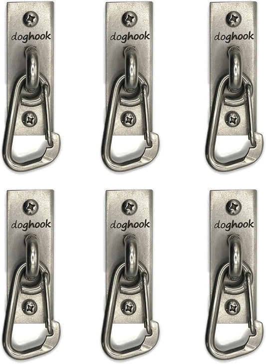 Canine Hitch- Secure Dog Leash Parking Wall Slim Hook with Clip 6 Pack - Tie Out Stainless Steel & ABS Mounting Plate for Strength - Practical Lead Management for Home & Business-PawvioPets