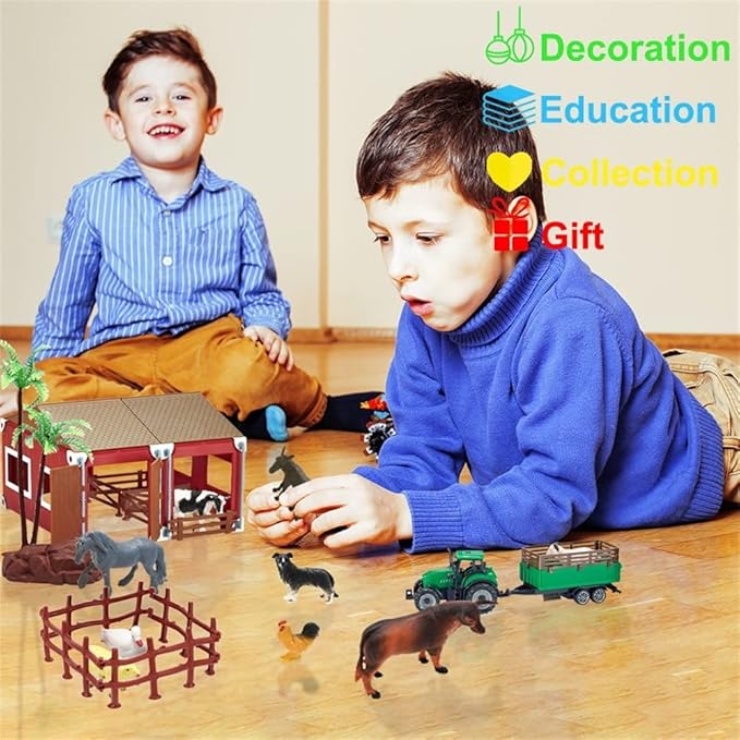 BOLZRA Mini Barn Playset, 66PCS Plastic Animals Figurines and Fence, Farm Figures Farmer Vehicle Toy Truck with Trailer for 3-12 Years Old Kids Boys Girls Toddlers-PawvioPets
