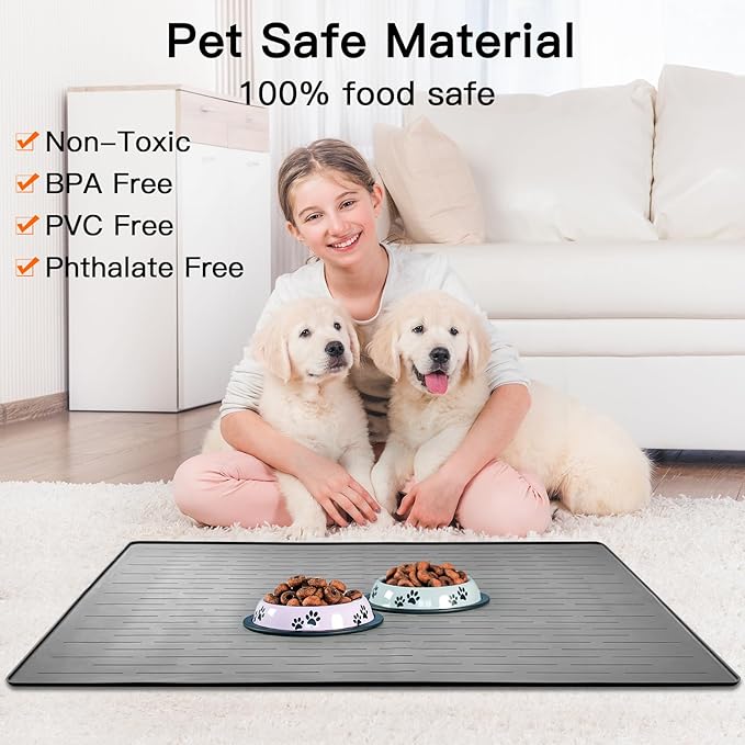 39.4"x29.5" Largest Pet Food Mat, Silicone Dog Mats for Food and Water, Nonslip Pet Feeding Mats for Floors,Dog Cat Bowl Mat with Raised Edges, Gray White-PawvioPets