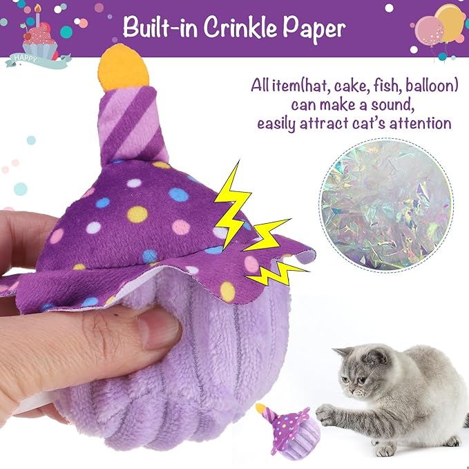 BINGPET Cat Birthday Catnip Toys for Indoor Cats,Cat Birthday Hat,Bandana and Cat Birthday Cake Interactive Plush Kitten Chew Toys,Cute Fish,Balloon Toys with Crinkle Paper and Catnip Inside(Purple)-PawvioPets