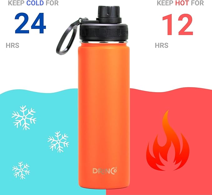 DRINCO Stainless Steel Water Bottle Spout Lid Vacuum Insulated Double Wall Water Bottle Wide Mouth (40oz 32oz 22oz 18oz 14oz) Leak Proof Keep Cold Sport Camping Hiking (22 oz, 22oz Orange)-PawvioPets