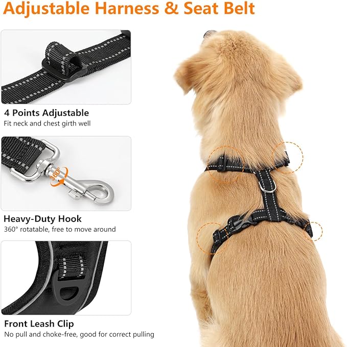 Dog Seat Belt Harness for Car, Dog Car Harness Adjustable Mesh Breathable & Dogs Seatbelt Safety Tether with Elastic Bungee for Small Medium Large Pets(Carbon Black, XL)-PawvioPets
