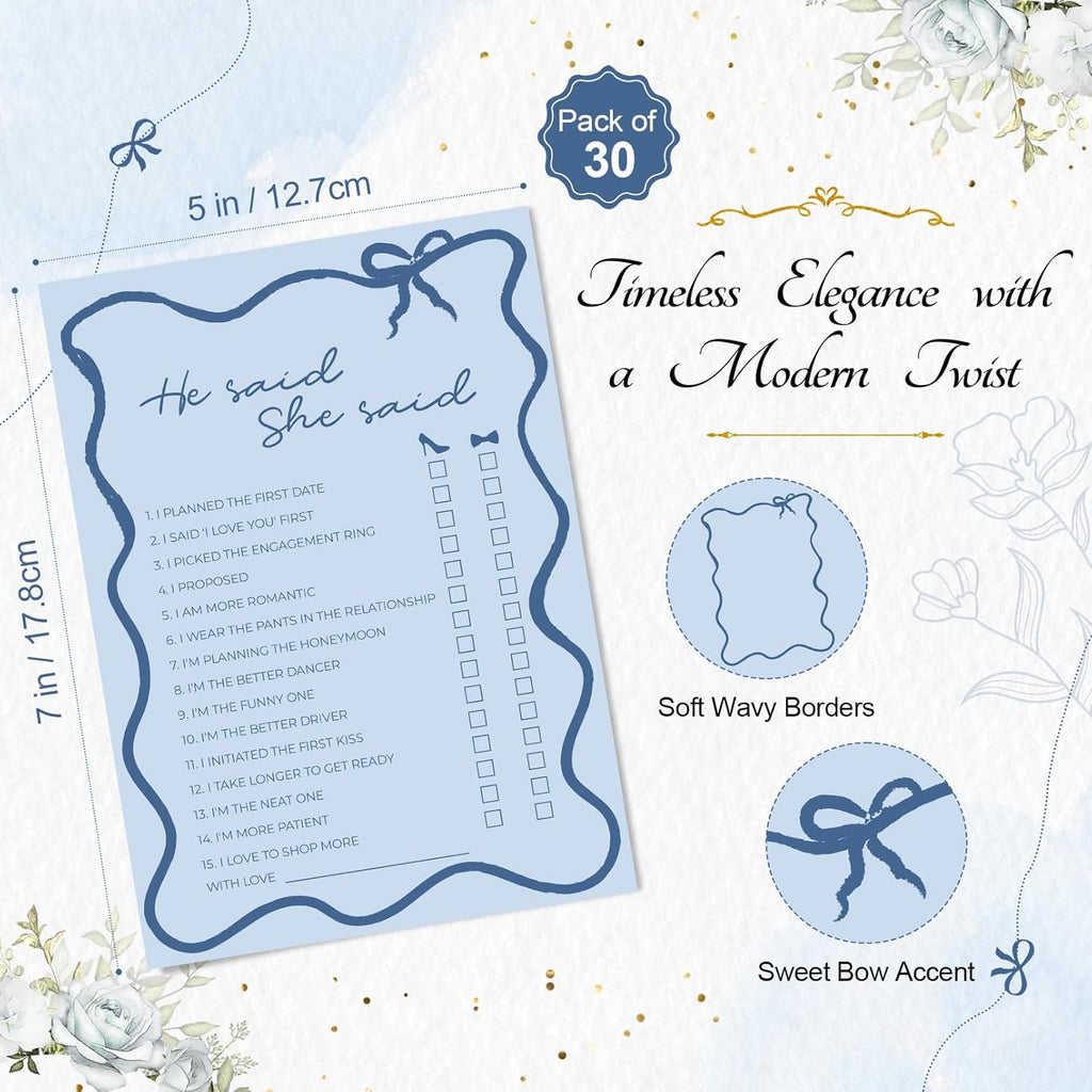 DEEKA 30 PCS Bridal Shower Games Card for 30 Guests Blue Wavy Border Ribbon Bow Funny Wedding Bachelorette Party Games for Reception (He Said She Said)