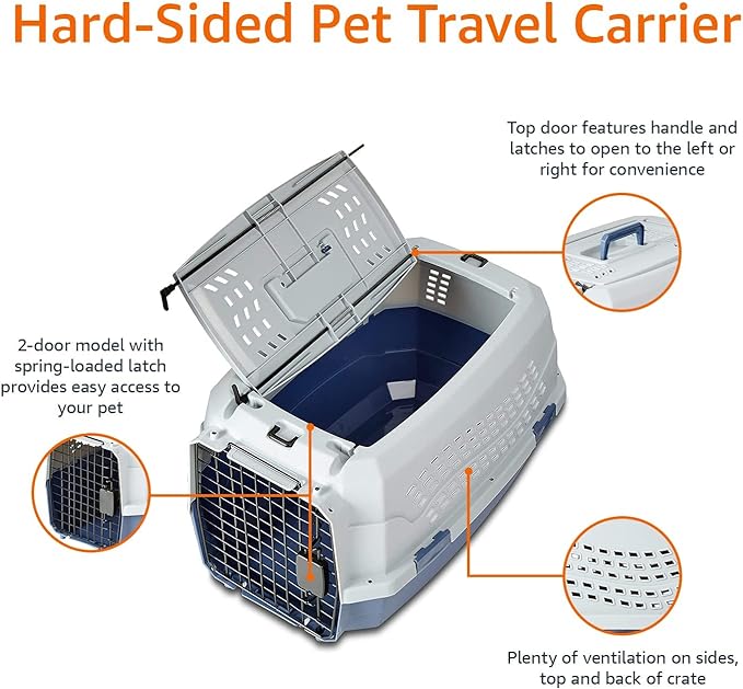 Amazon Basics 2-Door Top-Load Hard-Sided Dogs, Cats Pet Travel Carrier, Gray & Blue, 22.8"L x 15.0"W x 13.0"H-PawvioPets