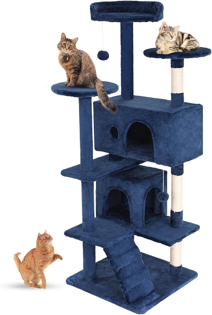 FDW Cat Tree 54in Cat Tower Multi-Level Durable Cat Scratching Post & Cozy Fun Cat Jumping Platform Space Saving Cat Condo Pet Play House for Indoor Cats,Navy Blue-PawvioPets