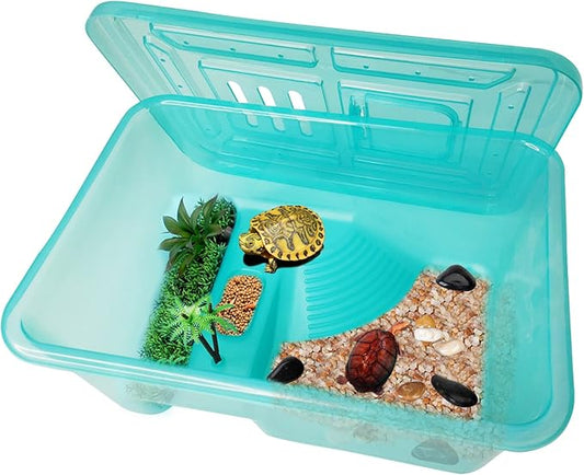 Fhiny Turtle Tank with Lid, Plastic Reptile Terrarium Turtle Breeding Box with Basking Platform Tortoise Aquarium for Crayfish Hermit Crabs Geckos Lizards Habitat Prevent Escaping (Medium)-PawvioPets