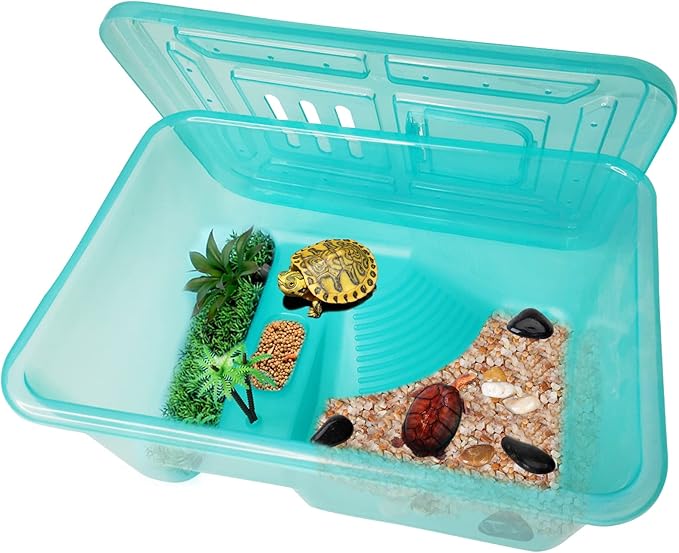 Fhiny Turtle Tank with Lid, Plastic Reptile Terrarium Turtle Breeding Box with Basking Platform Tortoise Aquarium for Crayfish Hermit Crabs Geckos Lizards Habitat Prevent Escaping (Small)-PawvioPets