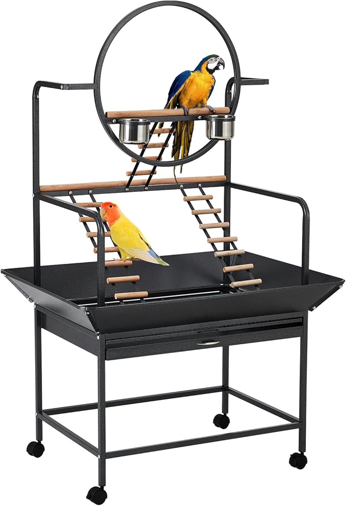 Bird Playstand, 66'' H Inch Birdcage Stand Activity Play Center with Perches and Ladders, Removable Tray, Indoor Outdoor Playground for Parakeet,Cockatiels Conures Parrots, Lockable Caster,Black-PawvioPets