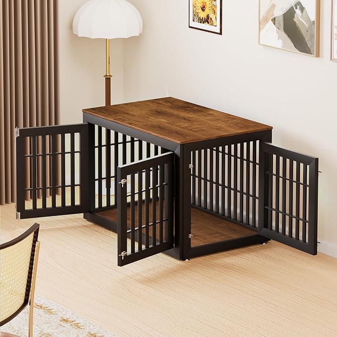 48" Heavy Duty Dog Crate Furniture for Small,Medium and Large Dogs,Rustic Wooden Dog Cage Kennel Indoor Furniture with Waterproof Top,Decorative Pet House Side End Table (Black & Wood)-PawvioPets