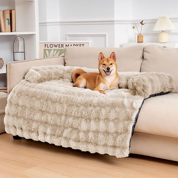 FUNNY FUZZY Pet Fluffy Plush Calming Dog Couch Bed Sofa Protector Washable Pets Mat for Large Medium Small Dogs and Cats (Coffee,47.24 × 37.4 × 6.3 in)-PawvioPets