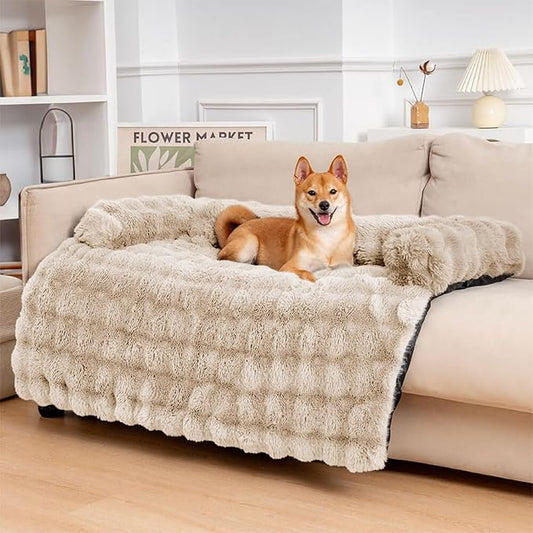 FUNNY FUZZY Pet Fluffy Plush Calming Dog Couch Bed Sofa Protector Washable Pets Mat for Large Medium Small Dogs and Cats (Coffee,47.24 × 37.4 × 6.3 in)-PawvioPets