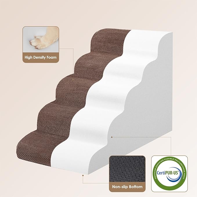 EHEYCIGA Curved Dog Stairs Ramp for High Beds, 5-Step Extra Wide Dog Steps for Small Dogs and Cats, Pet Stairs for High Bed Climbing, Non-Slip Balanced Pet Step Indoor, Brown-PawvioPets