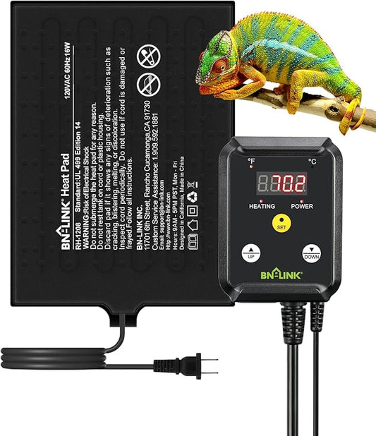 BN-LINK Durable Reptile Heating Pad 8" X 12" with Digital Thermostat Under Tank Heater Terrarium Warmer Combo Set for Turtles, Lizards, Frogs, and Other Reptiles-PawvioPets