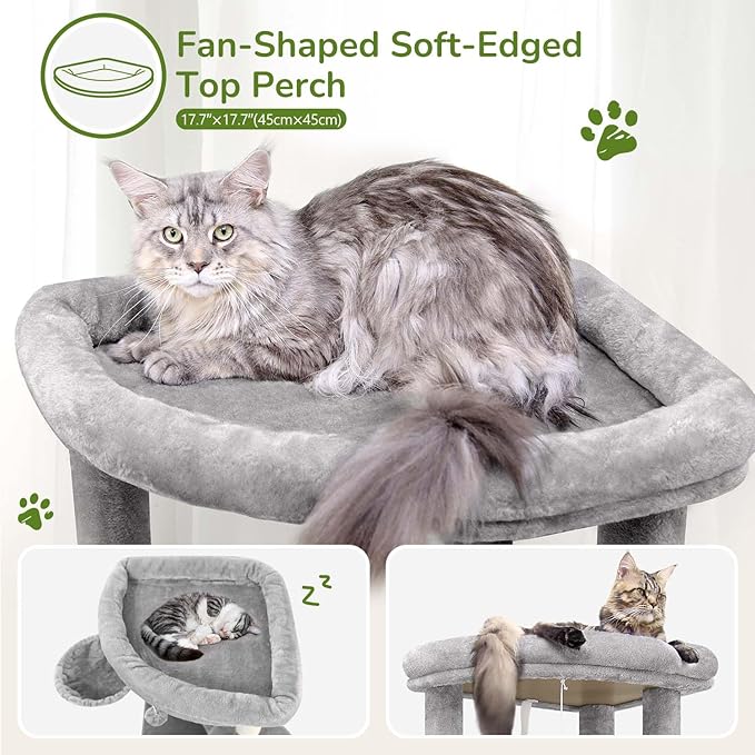 Globlazer Corner Cat Tree Tower for Indoor Cats, 51in Multi-Level Cat Condo Tower with Large Hammock, 7 Sisal Scratching Posts, Oversized Top Perch, Spacious Cat Cave, Hanging Basket, C51, Light Gray-PawvioPets