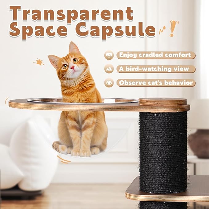 63'' Modern Cat Tree, Black Cat Tower with Scratching Post, Wooden Cat Tree for Indoor Cats Large Adult, Luxury Cat Furniture, Heavy Duty Activity Center with Transparent Bowl and Semi-Closed Condo-PawvioPets