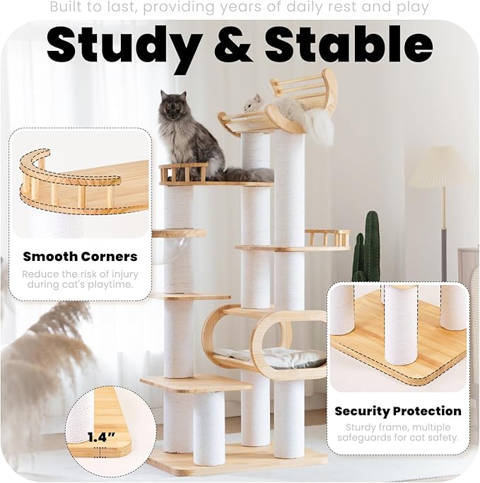 74.8" Modern Cat Tree for Indoor Cats, Tall Wood Cat Tower with Scratching Post, Heavy Duty Luxury Condo with Removable Mats, Multi-Level Cat Furniture for Cats-PawvioPets