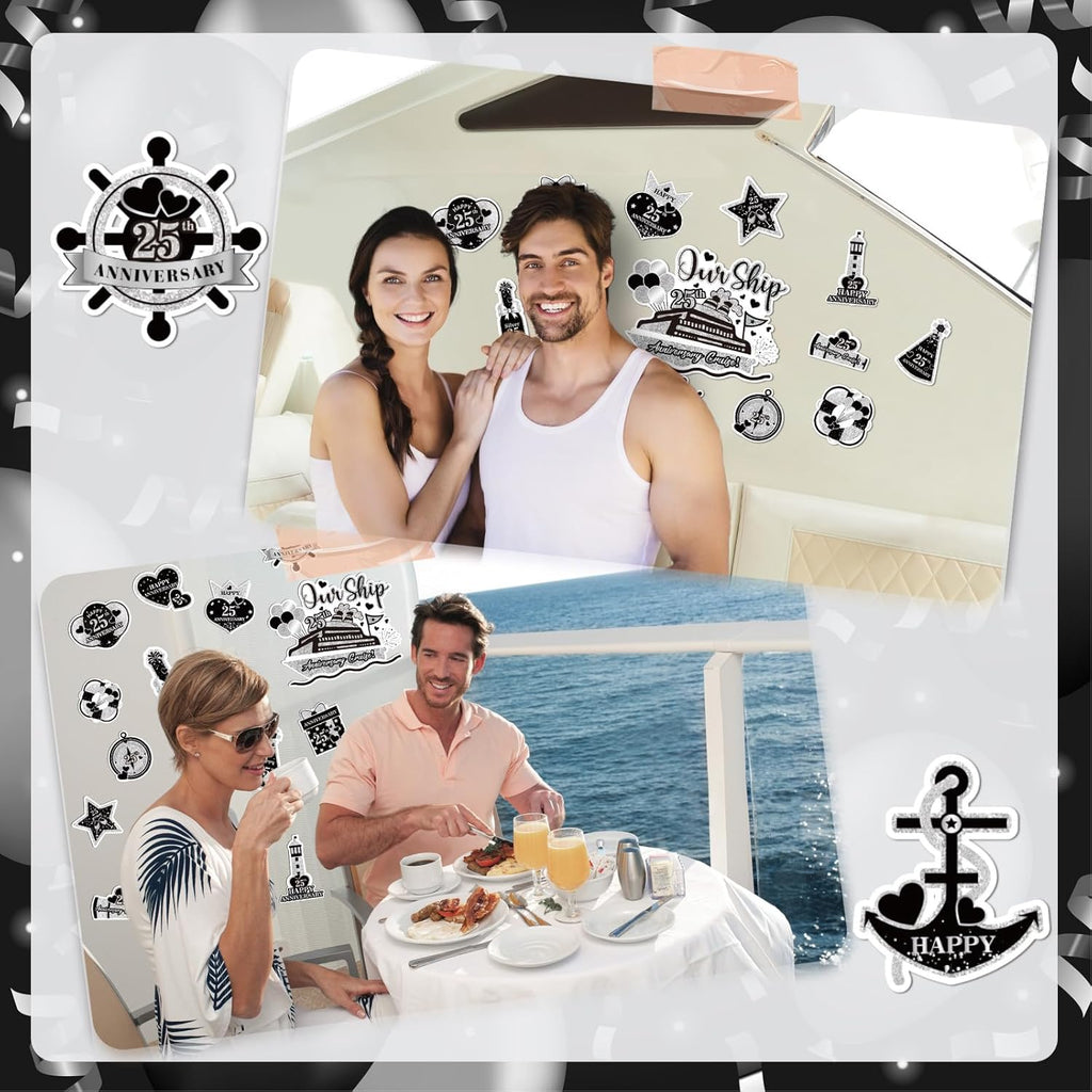 25th Anniversary Cruise Door Magnets Decorations, Black Silver Happy 25th Anniversary Cruise Ship Door Decor Magnetic for Married in 2000 Men Women Wedding Party Refrigerator Fridge Car Kitchen Garage