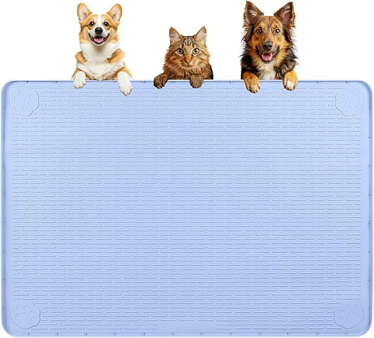 Dog Food Mat, Extra Large 40" x 28" Silicone Pet Feeding Mat with Raised Edge Pet Placemat for Small, Medium, and Large Pets Non-Slip, Easy to Clean (Blue)-PawvioPets