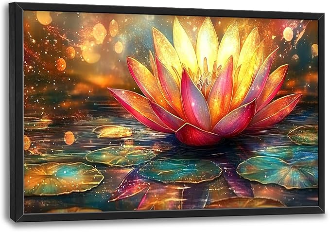 Framed Large Lotus Wall Art for Living Room, Oversized Lotus Flower Wall Decor Zen Golden Floral Canvas Painting Modern Artwork Home Decoration for Living Room Bedroom Office 36"x24"-PawvioPets