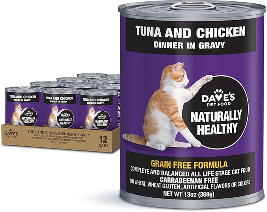 Dave's Pet Food Grain Free Wet Cat Food (Tuna & Chicken Dinner in Gravy), Naturally Healthy Canned, Added Vitamins & Minerals, Wheat & Wheat Gluten-Free, 13 oz (12 Pack)-PawvioPets