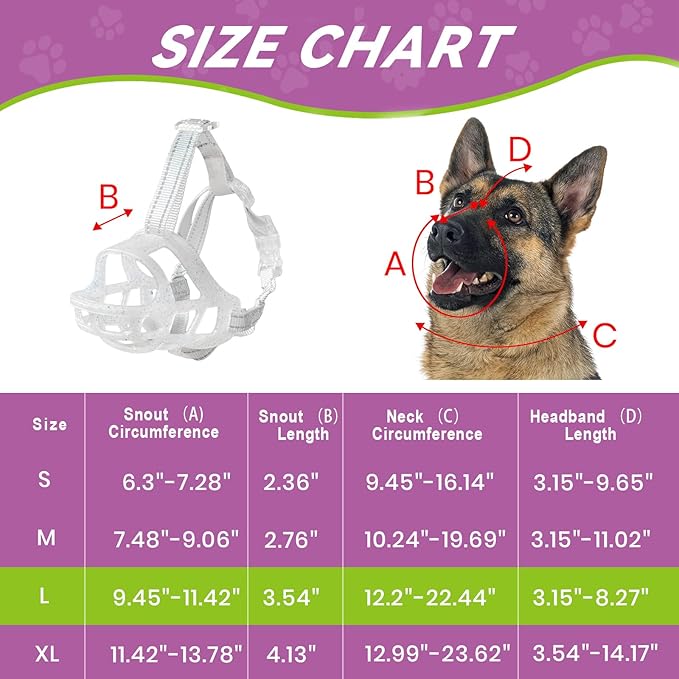 Glow-in-The-Dark Dog Muzzle, Basket Muzzle for Small Medium Large Dogs,Anti-Biting Chewing, Lightweight Cage Design,Allows Drinking & Panting,for Grooming & Training (Transparent Size L)-PawvioPets