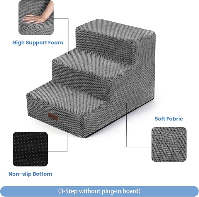 Dog Stairs for Small Dogs & Cats,3-Step Extra Wide Non-Slip Pet Steps for Couch Sofa and Chair,Grey,15.7" H-PawvioPets