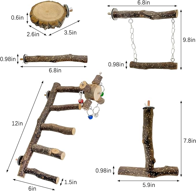 BNOSDM Natural Wood Bird Ladder Perch 6Pcs Parrot Stand Branches Climbing Chewing Stick Parakeet Swing Toys Cage Accessories Paw Grinding Fork Sets for Lovebirds Cockatiels Conure Budgies-PawvioPets
