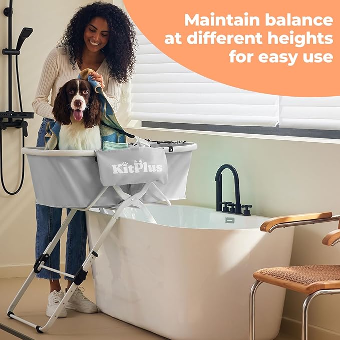 Elevated Dog Bathtub, 5 Height Adjustable Portable Dog Wash Station for Small to Large Pets, Foldable Bathing Tub with Storage & Anti-Slip Design Gray-PawvioPets