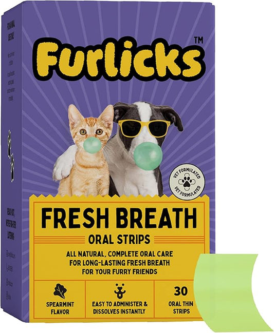 Fresh Breath Oral Strips for Dogs & Cats | Natural Spearmint & Thymol for Easy and Convenient, All-Natural Oral Care (30 Oral Dissolving Strips)-PawvioPets