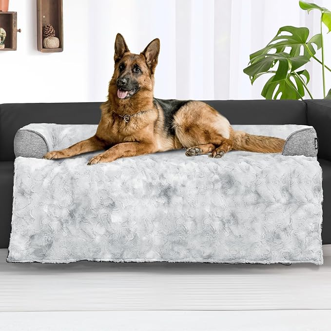 Calming Extra Large Dog Couch Bed for Dogs, 45 x 37 inch Waterproof Removable Pet Mat Couch Cover for Furniture Protector, Non-Slip Fluffy Pelsbarn Dog Bed for Couch, Sofa, Car - Tie-Dye Grey-PawvioPets