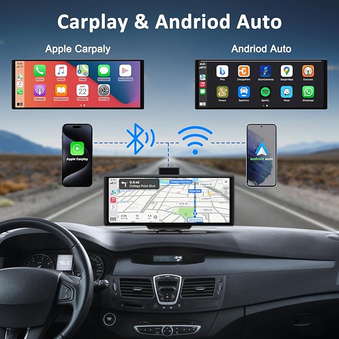 Apple carplay & Android Auto,Wireless Double din 10.26 inch Dash Cam with Front Camera and Backup Camera.GPS Navigation,Mirror Link/Voice Control/Bluetooth for Car RV Pickup Bus Trailer.etc-PawvioPets