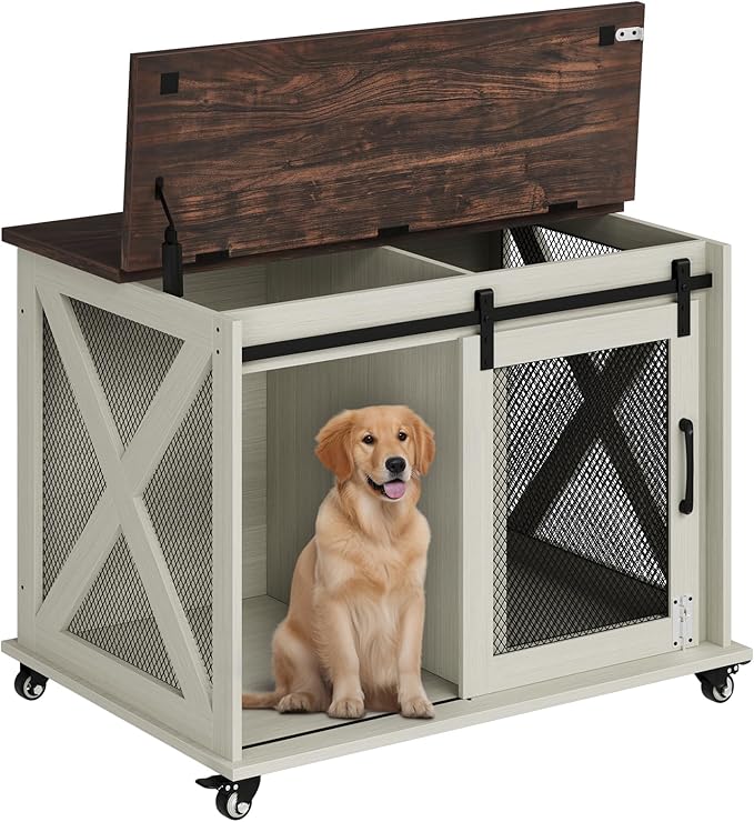Dog Crate Furniture,37 Inch Indoor Dog Cage with Sliding Barn Door, Flip Top Dog Kennel End Table with Removable Divider, Farmhouse Wooden Pet House for Small to Middle Size Dogs-PawvioPets