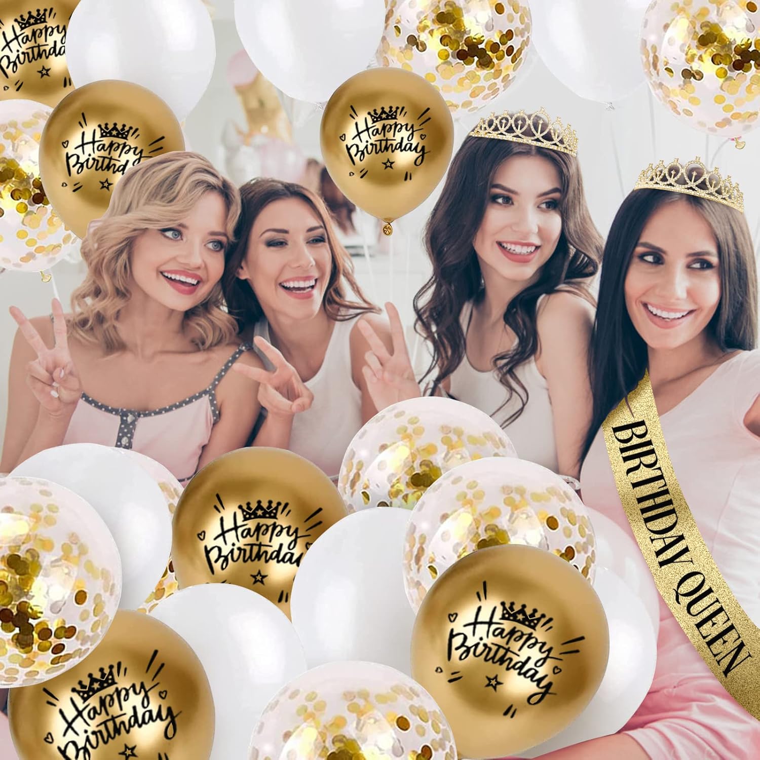Birthday Decorations for Women/Girls, Including Queen Sash and Crown, Cake Topper, Candles. Birthday Sash and Tiara for Women, Golden Party Decorations Favors