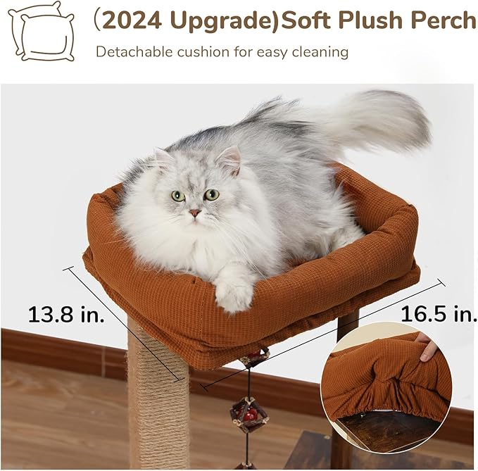 FUKUMARU Cat Scratching Post, Modern Style Cat Tree with Unique Square Post, Wooden Cat Tower with silvervine Balls, Retro Cat Condo Scratcher for Indoor Cats（Solid Wood）-PawvioPets