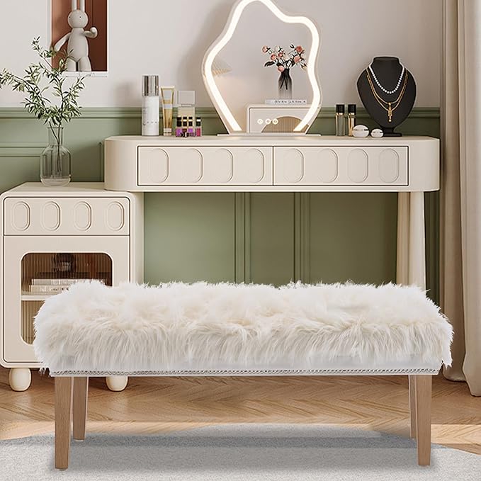 46 Inch White Bedroom Bench, Modern Multi-Purpose Bench with Wooden Legs, Faux Fur Upholstered, 3-Seater, 220 lbs Weight Capacity-PawvioPets