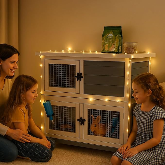 2 Story Solid Wood Rabbit/Bunny Hutch with 2 Large Main Rooms, Indoor Outdoor Rabbit House Guinea Pig Cage Pet House for Small Animals with Ventilation Door Removable Tray Waterproof Roof (Grey)-PawvioPets