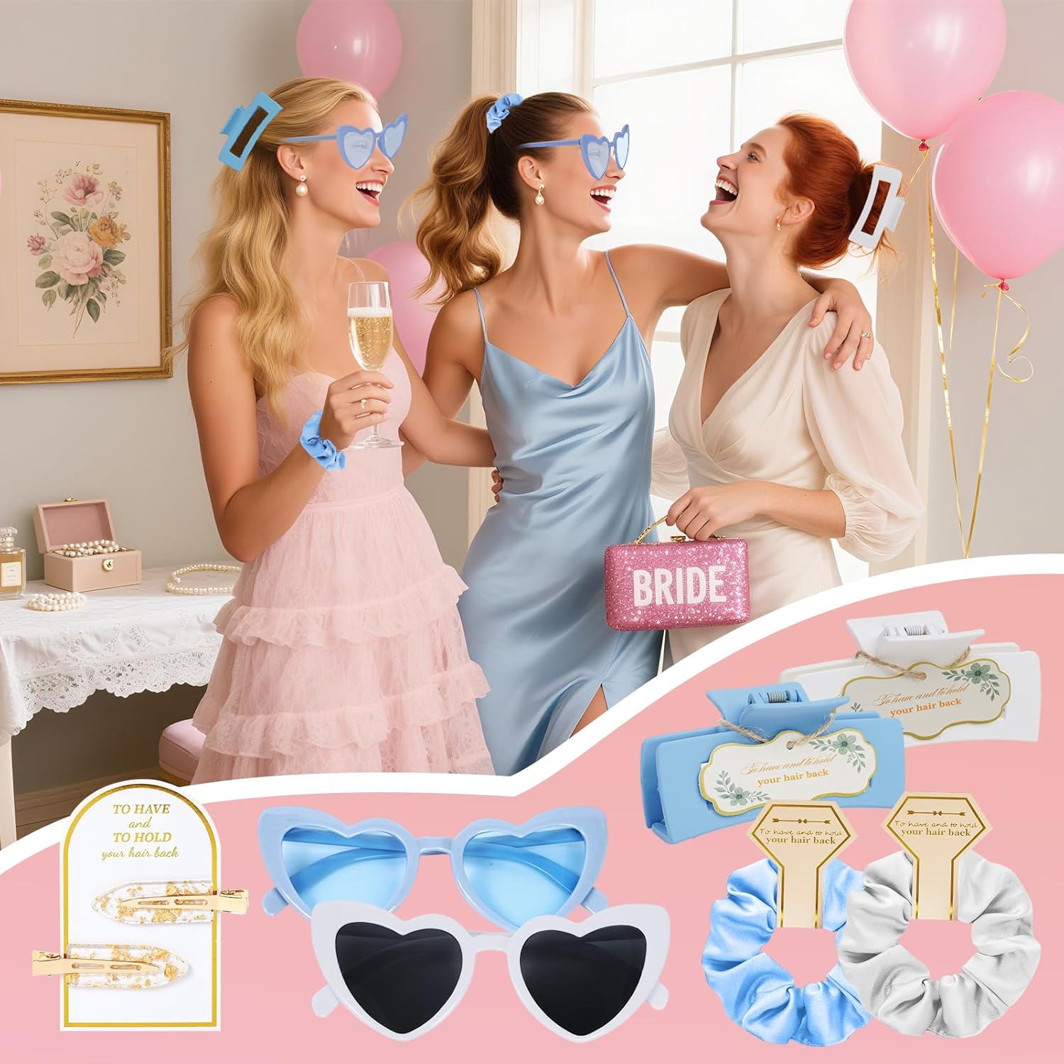 Dusty Blue Bridesmaid Proposal Gift Set, 12PCS Wedding Favors with Hair Claws, Scrunchies, Makeup Clips & Sunglasses, Birthday Gifts for Maid of Honor, Girls and Teens