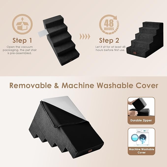 EHEYCIGA Dog Stairs for High Bed 25" H, 5-Step Extra Wide Dog Steps for Bed, Pet Steps for Small Dogs and Cats, Non-Slip Balanced Pet Ramp Indoor, Black-PawvioPets